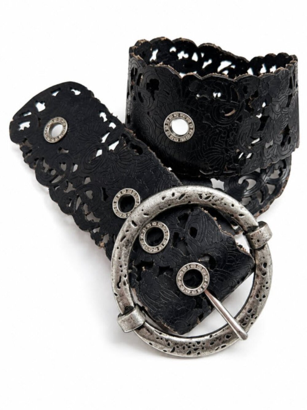 Danier Black Laser-Cut Leather Wide Belt with Silver Round Buckle